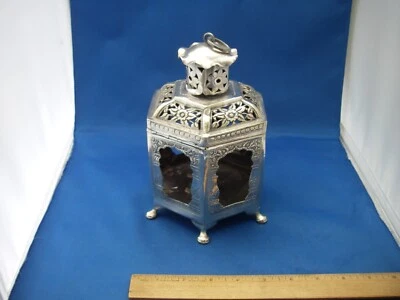 LANTERNA DE VELA HEXAGONAL PRATA INDIANA ANTIGA - tampa articulada e porta - Imagem 1 de 4