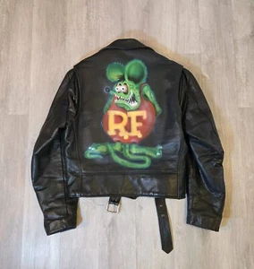 Vintage Leather Jacket Men's XL Black Rat Fink Motorcycle Belted Rockabilly 70s - Picture 1 of 24