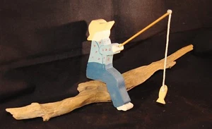Painted Vintage Fishing Boy On Log - Picture 1 of 3