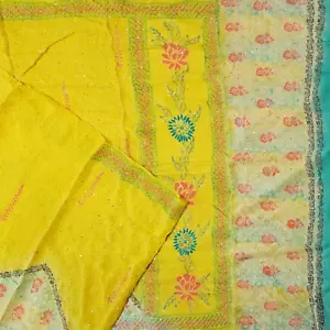 Tela Kantha Sari Vintage Saree Amarillo 100 % Pura Seda Crepe Bordada a Mano 5YARDAS - Imagen 1 de 6