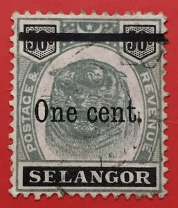 MALAYA 1910 SELANGOR Tiger One Cent opt 50c Fine Used SG#66b M4501 - Picture 1 of 3