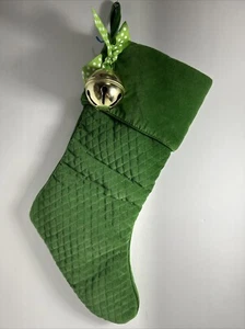Green Plush Quilted Velveteen Cuff Christmas Stocking With Bell An Bow 17” - Picture 1 of 5