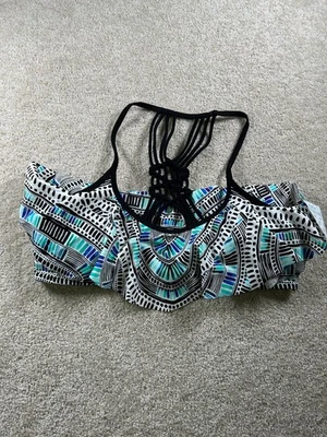 California Waves Women's Swimwear Bikini Top XL Black Teal Patterned - Image 1 of 4