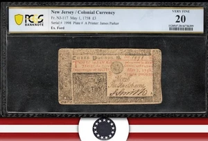 NJ-117 MAY 1, 1758 3 POUNDS COLONIAL CURRENCY PCGS 20 1998 - Picture 1 of 3