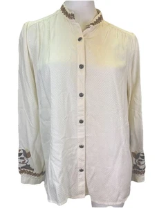 Double D Ranch Viscose Top Button Front Blouse Sz Sm Embroidered Ivory Brown - Bild 1 von 8