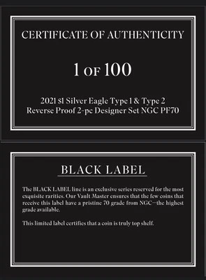2021-S ASE NGC REV PF-70 Tipo 1&2 JUEGO DE ETIQUETAS NEGRAS ELETE con certificado de autenticidad solo existen 100 Foto 1 de 4