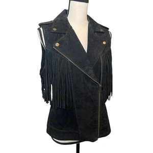 Forever 21 Black Suede Leather Fringe Vest Large Western Biker Rodeo Edgy - Picture 1 of 7