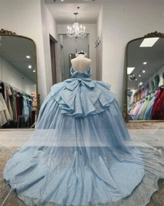 Elegante Vestidos de Quinceañera Azul Tul Cuentas Lazo Sin Mangas Con Cordones Dulce 15 16 - Imagen 1 de 8