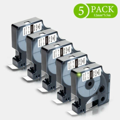PHOMEMO 5PK Vinyl Label Tape 18444 12mm Black / White for DYMO RHINO 1000 3000 4200 5000