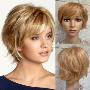 Short Layered Straight Light Auburn Blonde Mix Synthetic Hair Wigs Women Soft - Picture 1 of 6