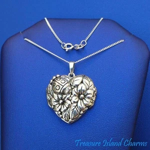 Ladybug Flowers Heart Locket Pendant 925 Solid Sterling Silver Necklace 16" 18" - Picture 1 of 6