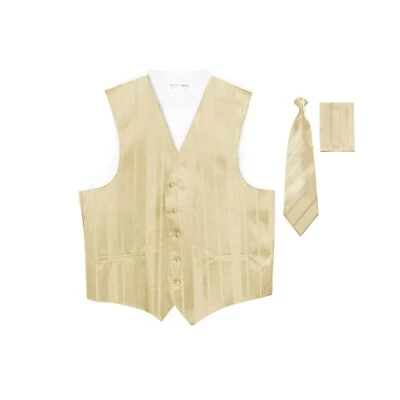 New Men's Tuxedo Vest Waistcoat Stripes Necktie Hankie set prom party Champagne - Image 1 of 3
