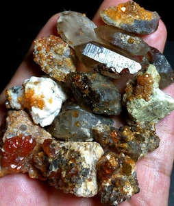 69g 14 Brand new Rare Black SMOKY QUARTZ Crystal Point&Garnet Spessartine f703 - Picture 1 of 6