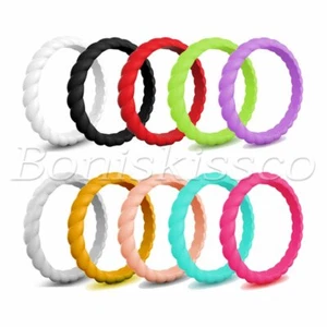 10pcs Women's 3mm Twist Silicone Band Rings Rubber Promise Engagement Wedding - Picture 1 of 10