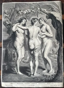 RARE- THREE GRACES Etching Engraving after Peter Paul Rubens (Flemish 1577-1640) - Picture 1 of 8