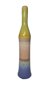 Studio Art Pottery Bottle Vase Earthenware Blue Green Yellow Pink 15" - Picture 1 of 5