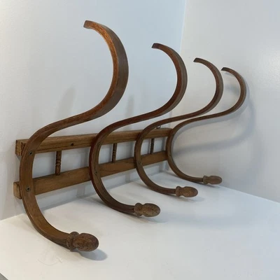 Vintage Bentwood Thonet Style Hat Coat Rack Wall  Oak Hall Tree Holder 4 Hook - Image 1 of 4
