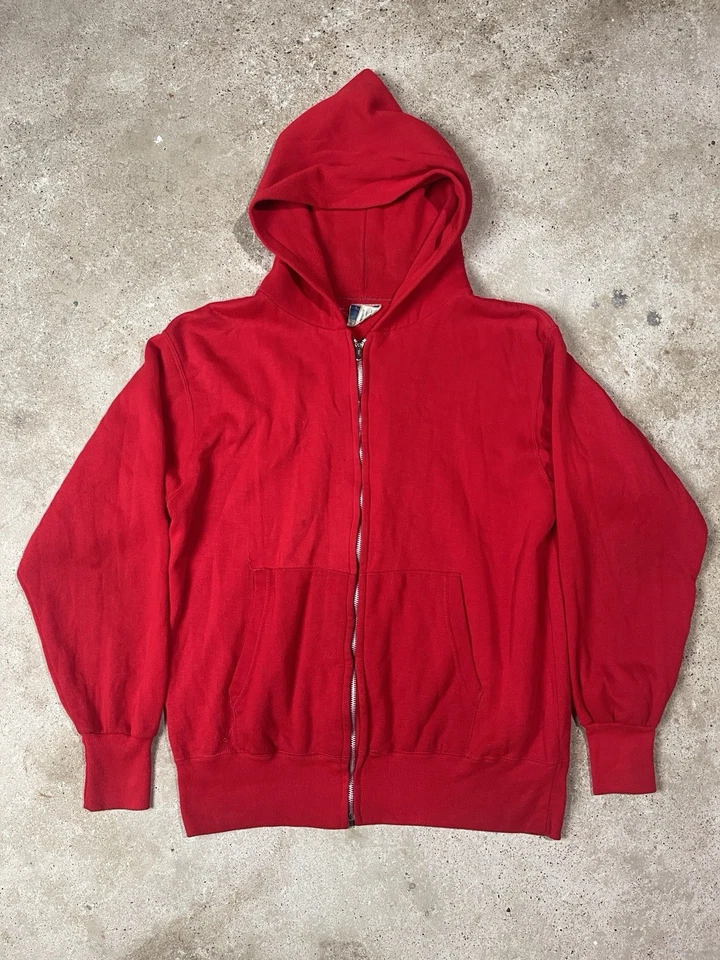 Sudadera con Capucha Vintage Años 70 Roja Acrílico Cremallera Completa Ribete Grunge Talla Grande Foto 1 de 4