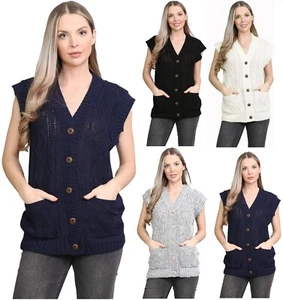 Ladies Sleeveless Button Cable Knitted Grandad Cardigan Women Waistcoat Sweater - Picture 1 of 24