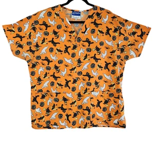 Crest Womens Large Scrub Top Shirt Halloween Ghost Witch Black Cat Spider Orange - Picture 1 of 7