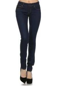 1 Women Plain Solid Dark Blue Denim Stretchy Slim Skinny Jeans 25" to 34" Waist - Picture 1 of 4