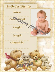 TEDDY BEAR BIRTH CERTIFICATE/CERTIFICATES 4 REBORN FAKE BABY/TEDDY approx 5"x 7" - Picture 1 of 5