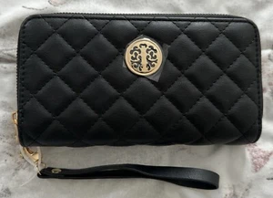 NWT Black Gold Emblem Clutch Wallet Wristlet vegan cosmetic Crossbody Purse 7x4 - Picture 1 of 15