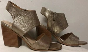 ISOLA SPARKLING GOLD LEATHER BLOCK HEEL PUMPS OPEN TOE ZIPPER SANDALS SIZE 7.5 - Picture 1 of 11