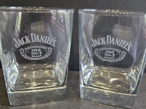 Jack Daniels Old Number 7 Square Bottom 4" 2 Rocks Clear Whiskey Glasses Barware - Picture 1 of 5