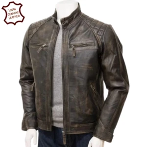 Men's Real Leather Distressed Motorcycle Café Racer Biker Jacket-Black - Picture 1 of 4