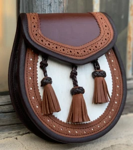 Scottish Handmade Real Brown Leather 3 tassels Kilt Sporran with Chain - Picture 1 of 7