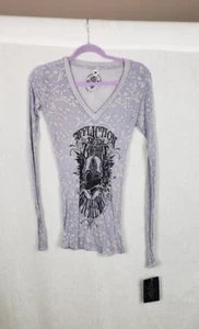 Affliction Live Fast T Shirt M Womens Ye Old London Semi Sheer Purple Skull NEW - Picture 1 of 4
