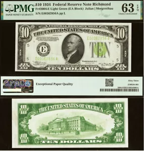 1934 $10 Federal Reserve Note PMG 63EPQ - Richmond - Light Green Seal -Fr 2004-E - Picture 1 of 3
