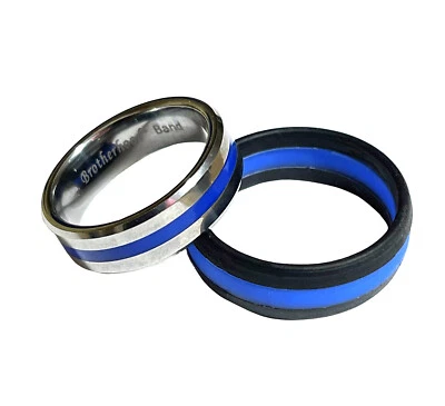 Anillo de tungsteno de línea azul delgada Banda de hermandad y anillo de silicona Policía y Sheriff Foto 1 de 2