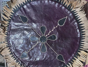 (1) Handmade Round Purple/Tan Leather Fringed Pillow Cover 14" Floral Decor BOHO - Picture 1 of 7