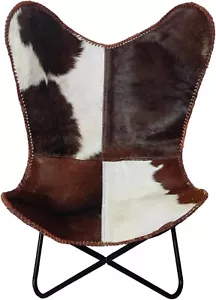 Vintage Brown & White Cowhide Leather Butterfly Chair Lounge Accent Relax Chair - Picture 1 of 13
