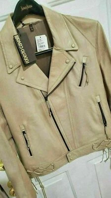 NEW$5.2k Roberto Cavalli Leather JACKET-52EU-42US-L-PYTHON look Beige MOTORCYCLE - Image 1 of 4