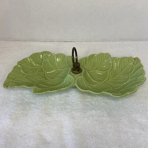 California Pottery Vtg Green Veined Leaf Two Section Dish With Handle - Picture 1 of 9