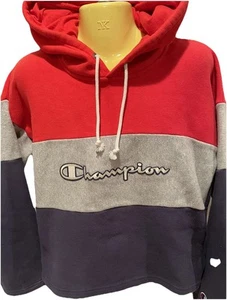 Champion Womens Reverse Weave Red Blue Grey Hoodie Spellout Sweatshirt Pullover - Picture 1 of 10