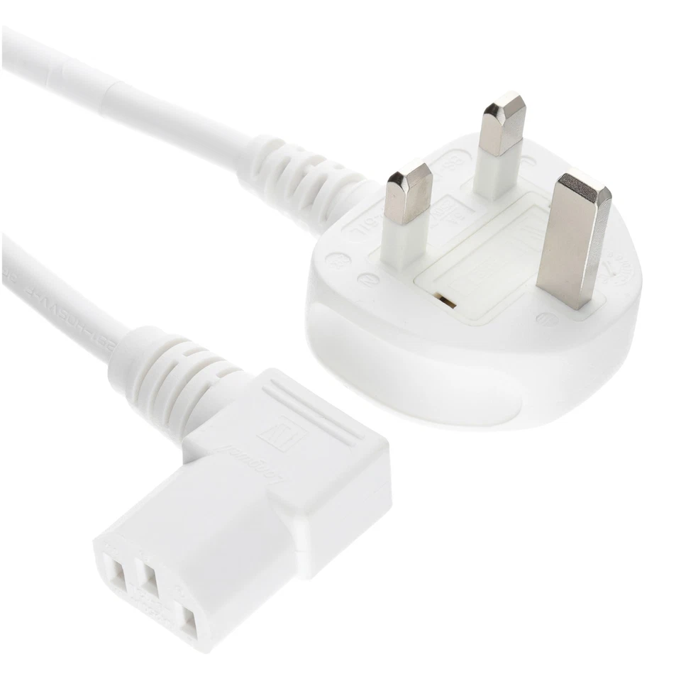 kenable Power Cord UK Plug to Right Angle IEC C13 Cable Kettle Lead 2m White