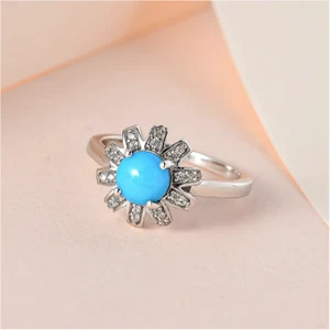 Arizona Sleeping Beauty Turquoise & Zircon Ring in Platinum Over Sterling Silver - Picture 1 of 6