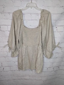 Grace + Karma Beige Linen Blend Peasant Top Baby Doll Smocked Puff Sleeve Sz XL - Picture 1 of 11
