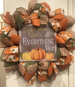 Farmhouse PUMPKIN SPICE ๐ BURLAP Deco Mesh FALL WREATH Harvest AUTUMN 24" X 24" - Picture 1 of 8