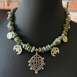 Turquoise Berber Vintage Morrocan Turtle and silver Charms Tuareg Boho Necklace - Picture 1 of 12