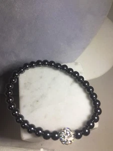 NEW Hematite STRETCH BRACELET w Orb of Crystal Rhinestones - Picture 1 of 2
