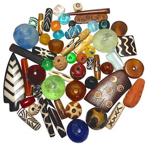 Beads, Asst, 56+ Pcs, All Recycled Materials, 6 Clay, 24 Bone, 18 Glass, 8 Horn - Picture 1 of 2