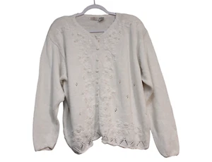 Vintage 90s Cardigan Sweater Size 1X Ramie Cottagecore Grandma Knit Beaded - Picture 1 of 12
