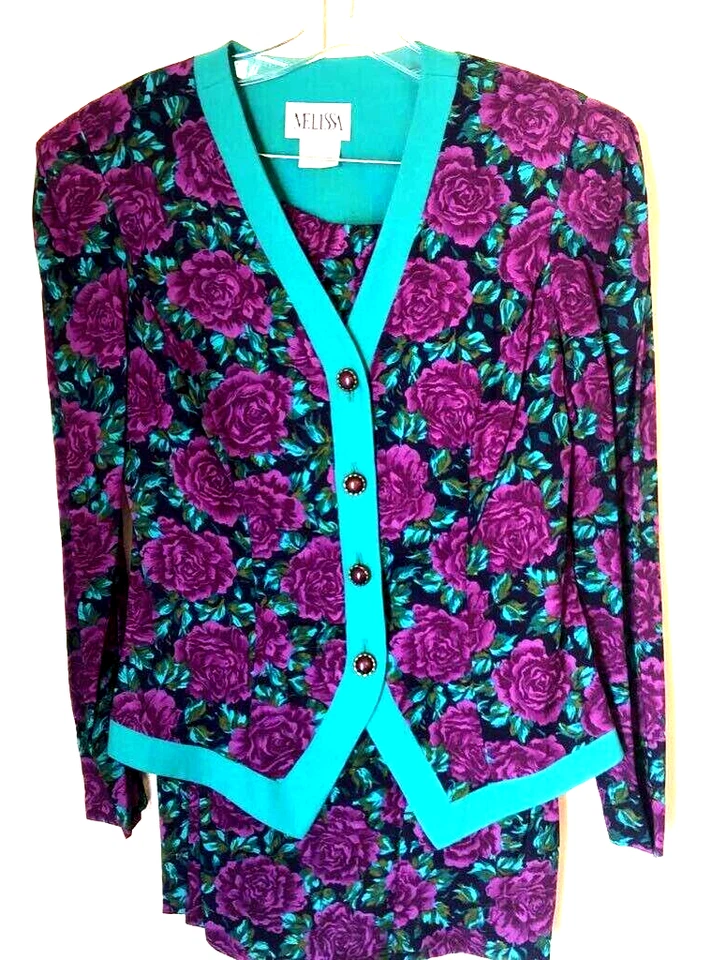 Traje Falda Vintage Melissa Mujer 2 Piezas Multicolor Verde Azulado Floral Manga Larga 14 Foto 1 de 4