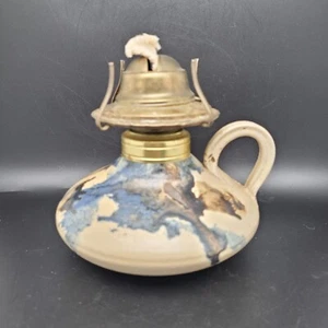 Vintage Art Pottery Oil Lamp Eagle Burner Beige Blue Brown Studio Artist Signed - Picture 1 of 6