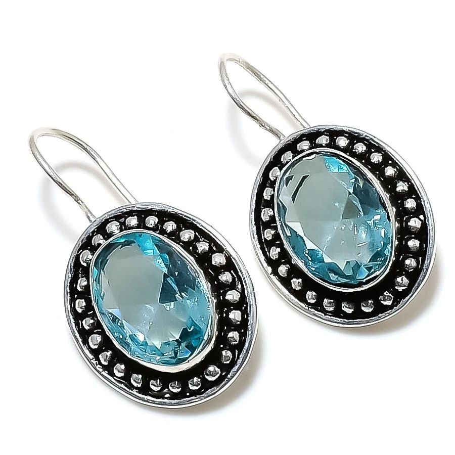 Aquamarine Gemstone Handmade 925 Sterling silver Earring Size 1.25'' - Image 1 of 1